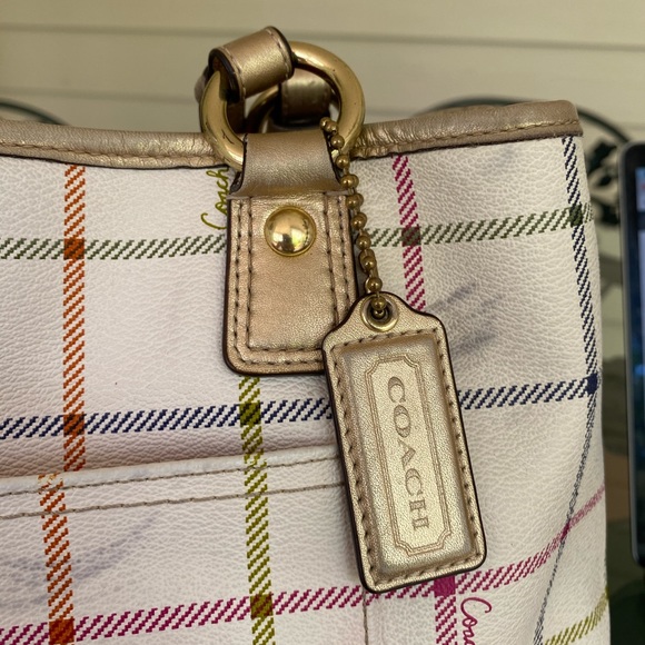 Coach Peyton Tattersall Plaid Cream Leather Tote - Picture 6 of 14